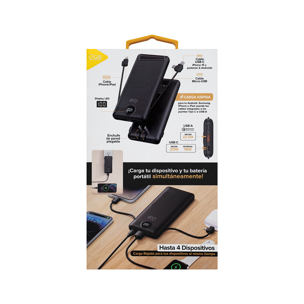 Batería Portátil con Cables y Enchufe 10000mAh